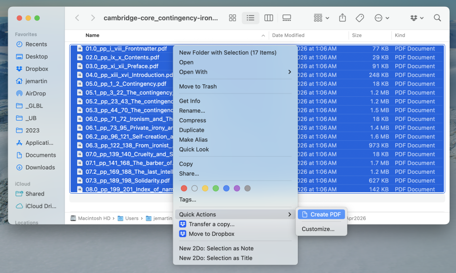 The right-click / context menu, showing the Quick Actions > Create PDF option. 